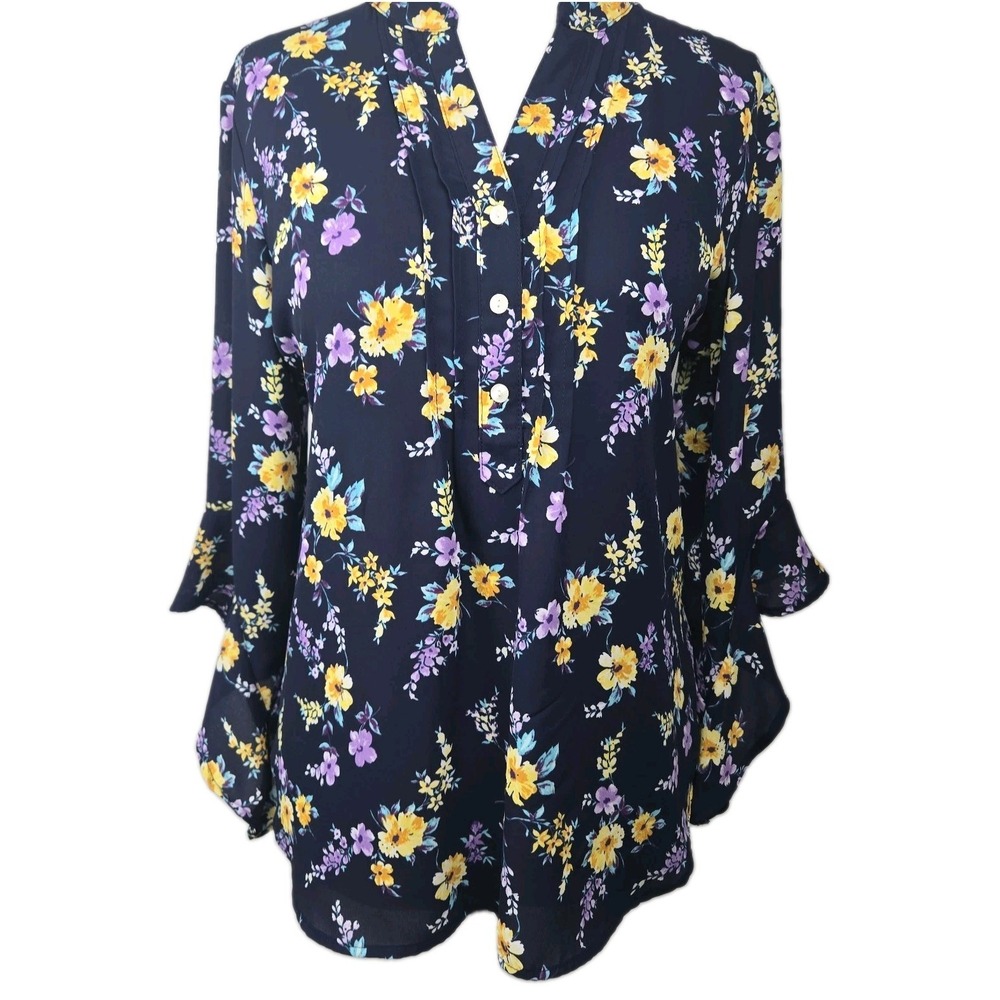 Counterparts Medium Navy Floral Chiffon 3/4 Ruffle Sleeve Blouse Top